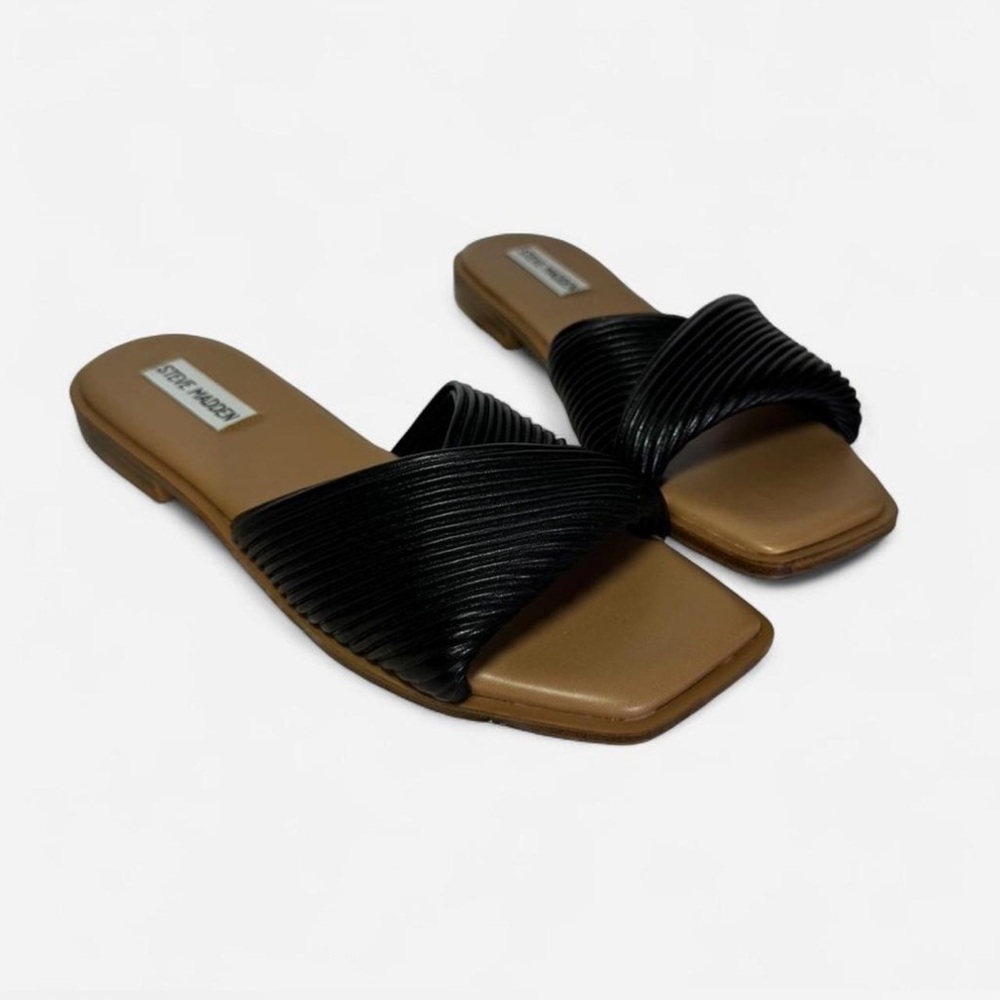 Steve Madden Black Crossband Slide Sandals with Tan Footbed - Picture 2 of 7